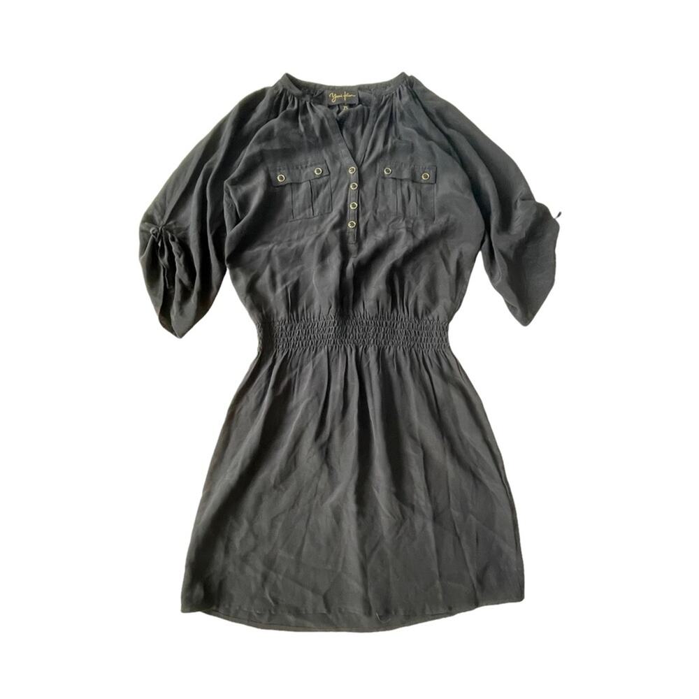Yumi Kim Silk Utility Mini Dress Smocked Waist Roll Sleeve Black XS EUC